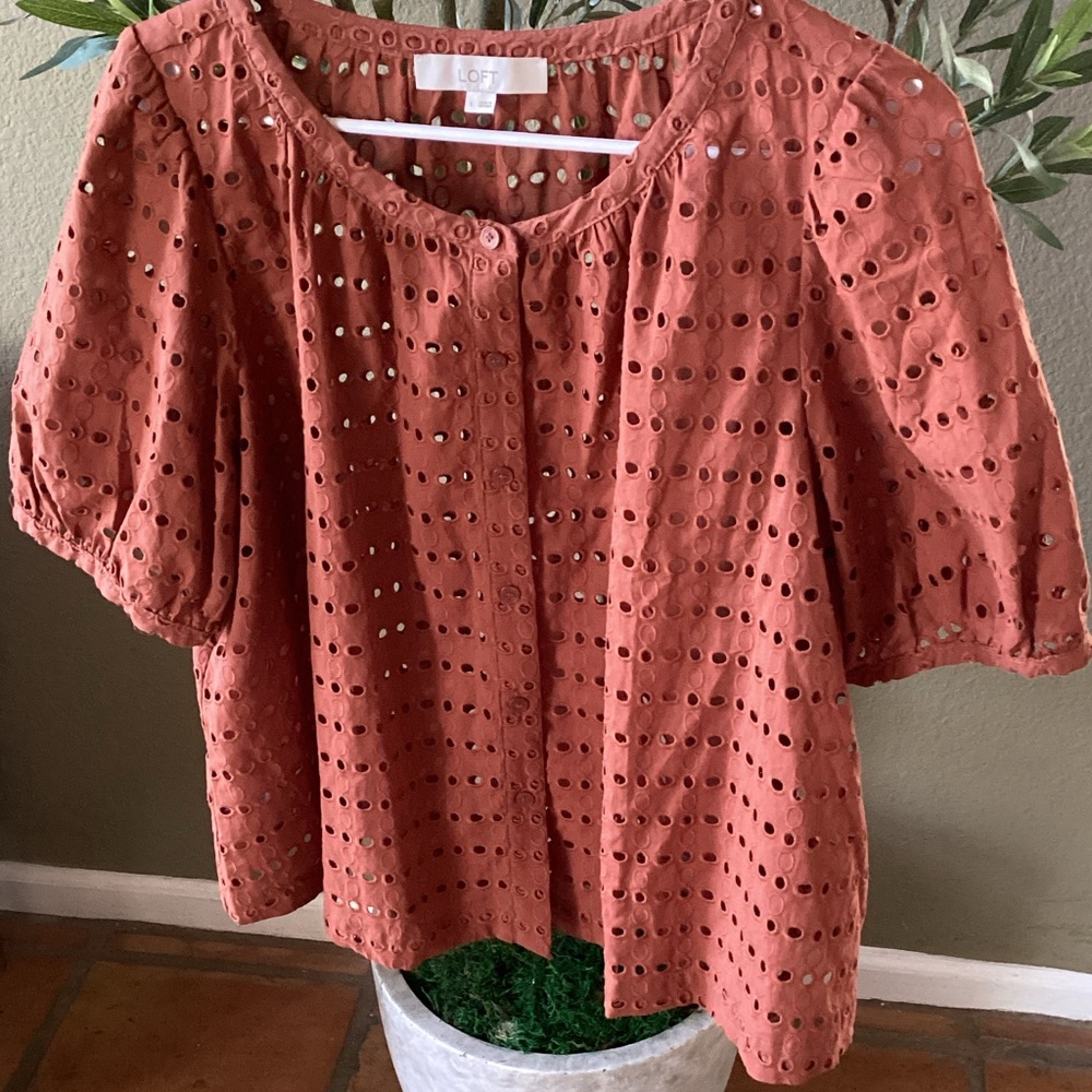 Loft Warm Brown Short Sleeve Eyelet Button Front Top
